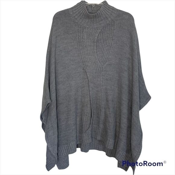 New York & Company Gray Oversized Pullover Mock Neck Boho Sweater Poncho - Picture 1 of 7